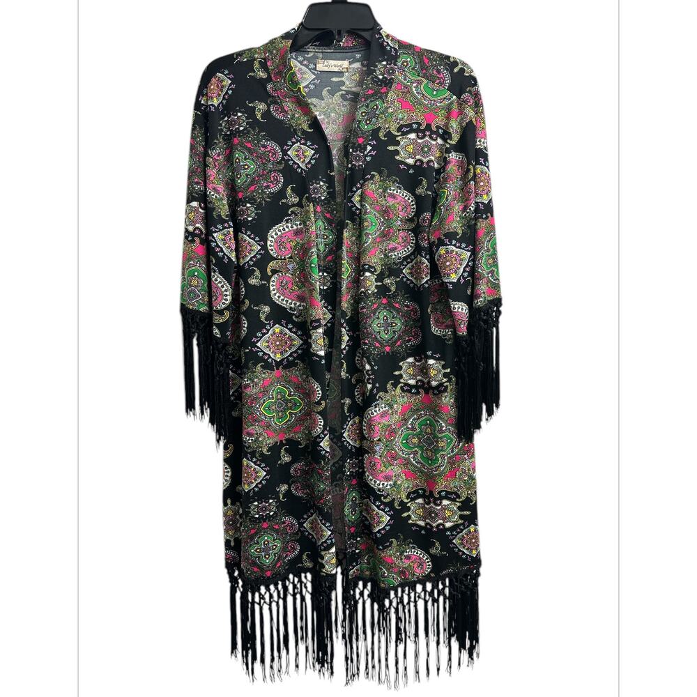 Lady’s World Black Paisley Boho Tassels Kimono Style Cardigan OSFM Witchy Goth
